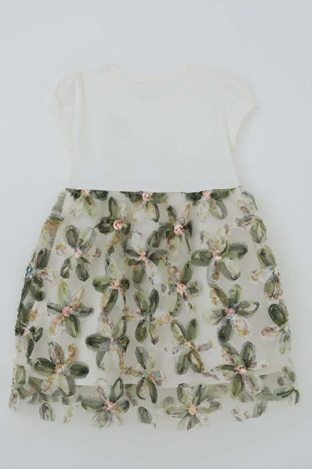Детское платье для девочек с принтом 3D Daisy Flower Applique and Sequin Detail Breeze, Ecru — фото 3