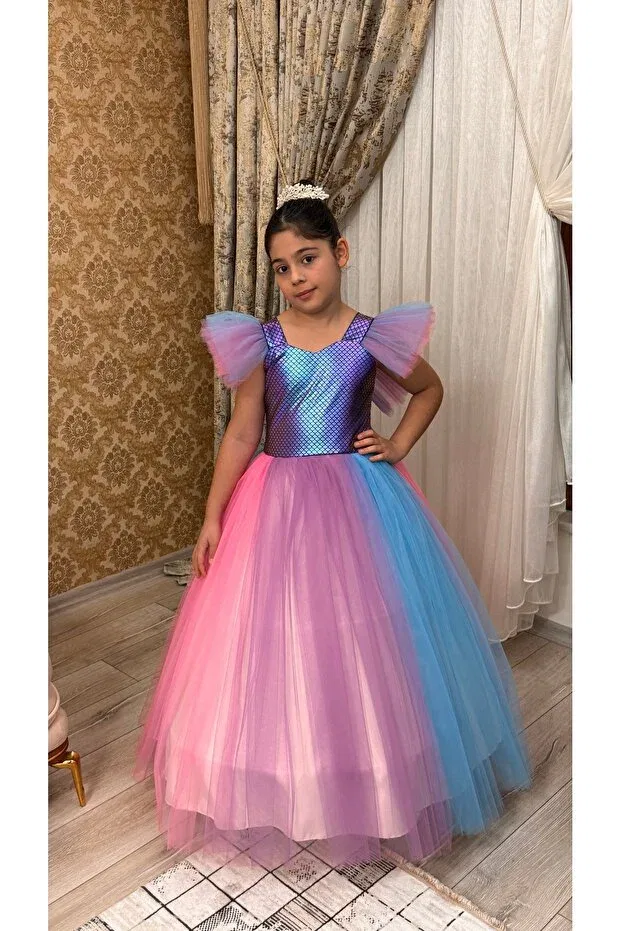 Детское платье для девочек с открытыми плечами Mermaid model long tulle evening dresses Tuha Kids Design, Pink Blue
