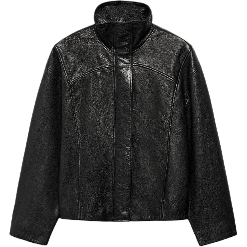 Женская кожаная куртка с воротником-стойкой Stand Collar Moderate, ZARA, Black