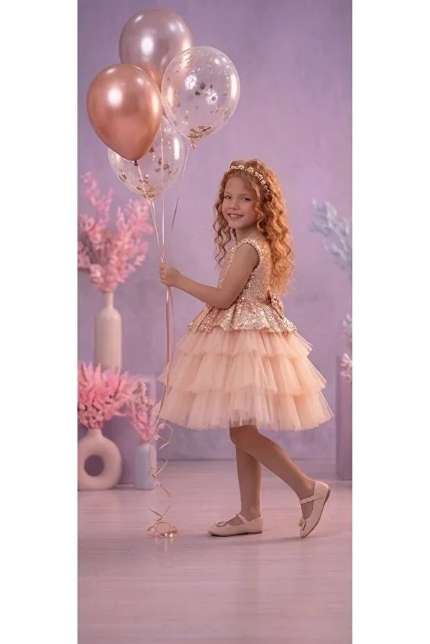 Детское платье для девочек с блестками Birthday Delfini Kids, Salmon — фото 3