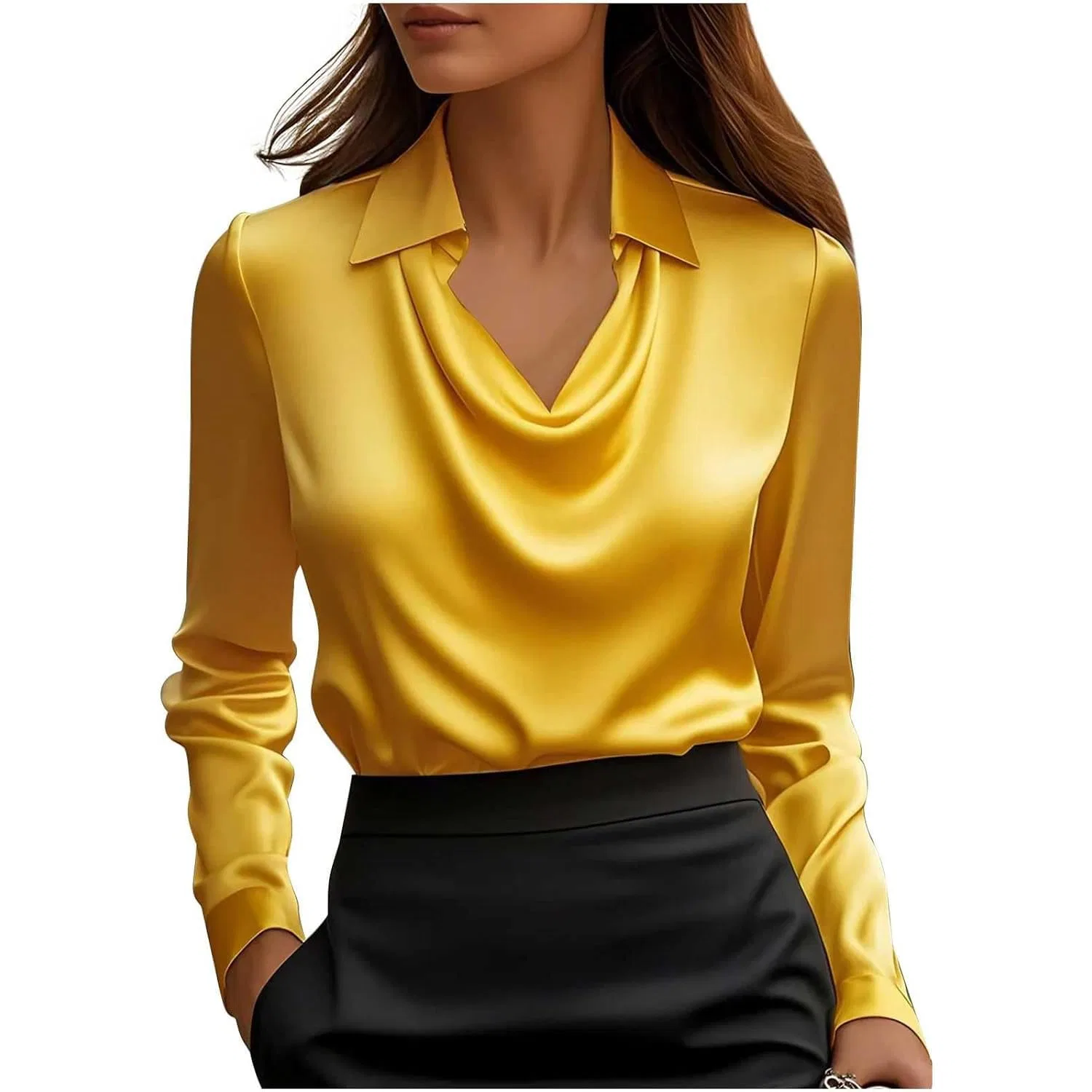 Женская блузка из атласа с длинным рукавом и капюшоном, Yellow — фото 2