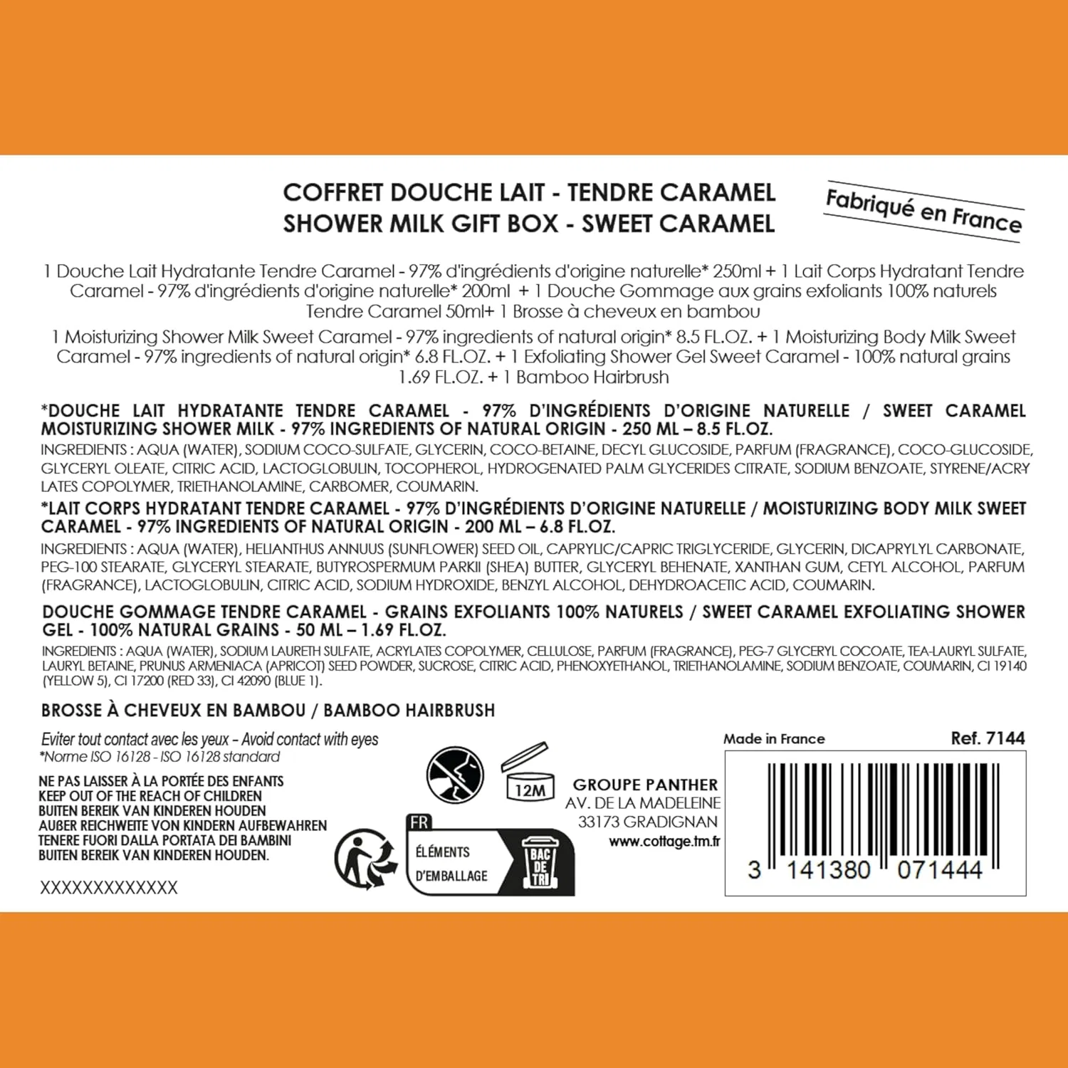 Набор для душа Cottage Soft Caramel, 1 гель для душа 250 мл + 1 скраб 50 мл + 1 молочко для тела 200 мл + 1 деревянная расческа — фото 2