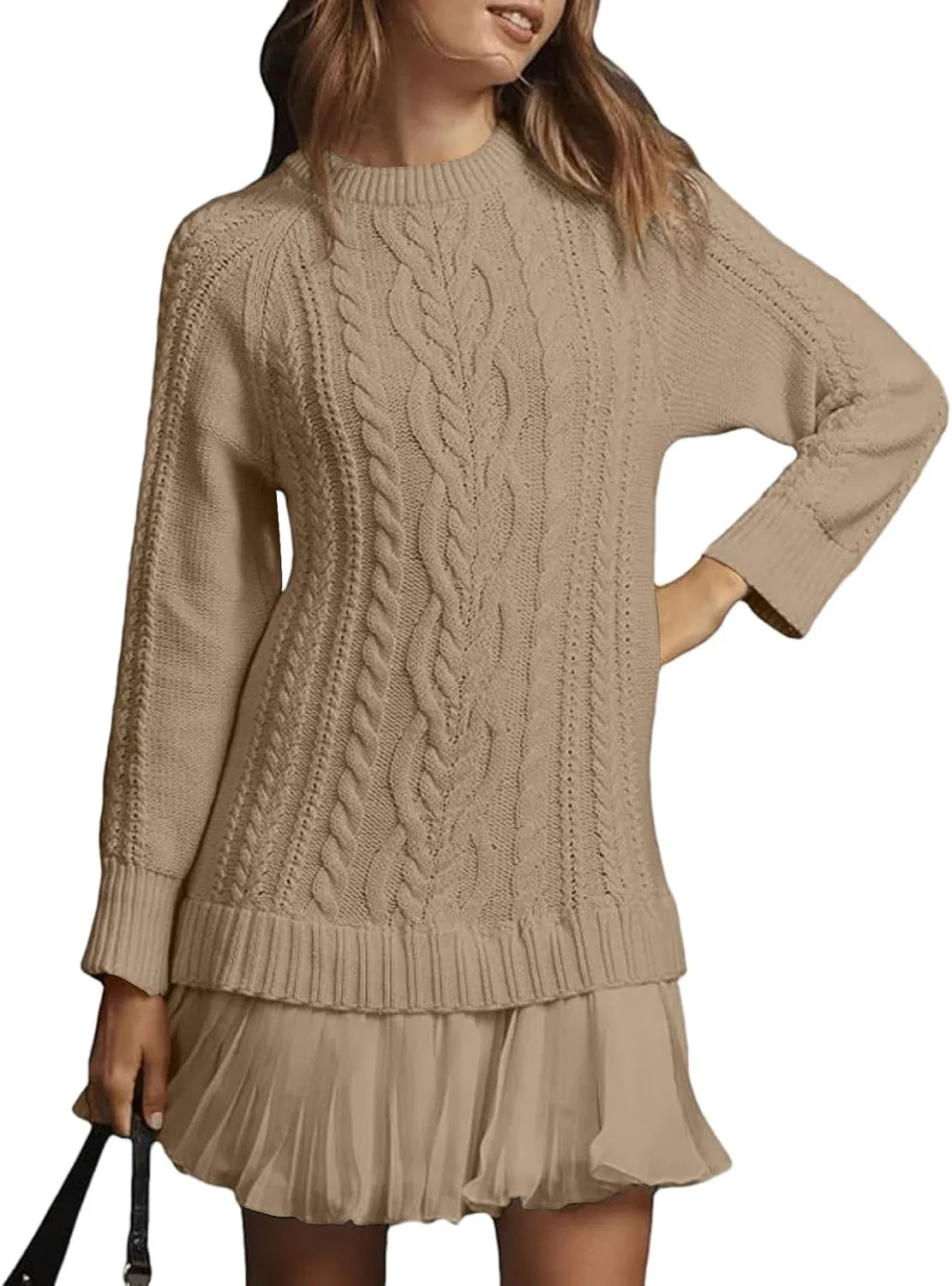 Женское мини-платье свитер с кабельной вязкой Patchwork Twofer, Khaki