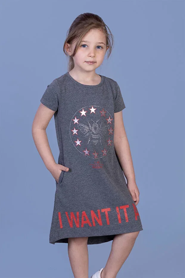 Детское платье для девочек с принтом i want it all printed Toontoy, Anthracite Melange