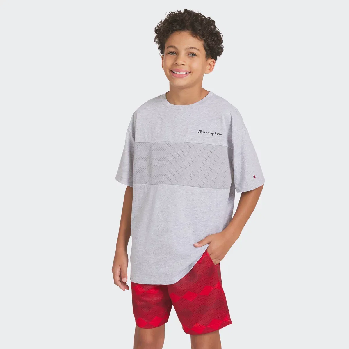 Детская футболка с сетчатой вставкой Oversized Mesh Panel KIDS CHAMPION, Heathered Gray