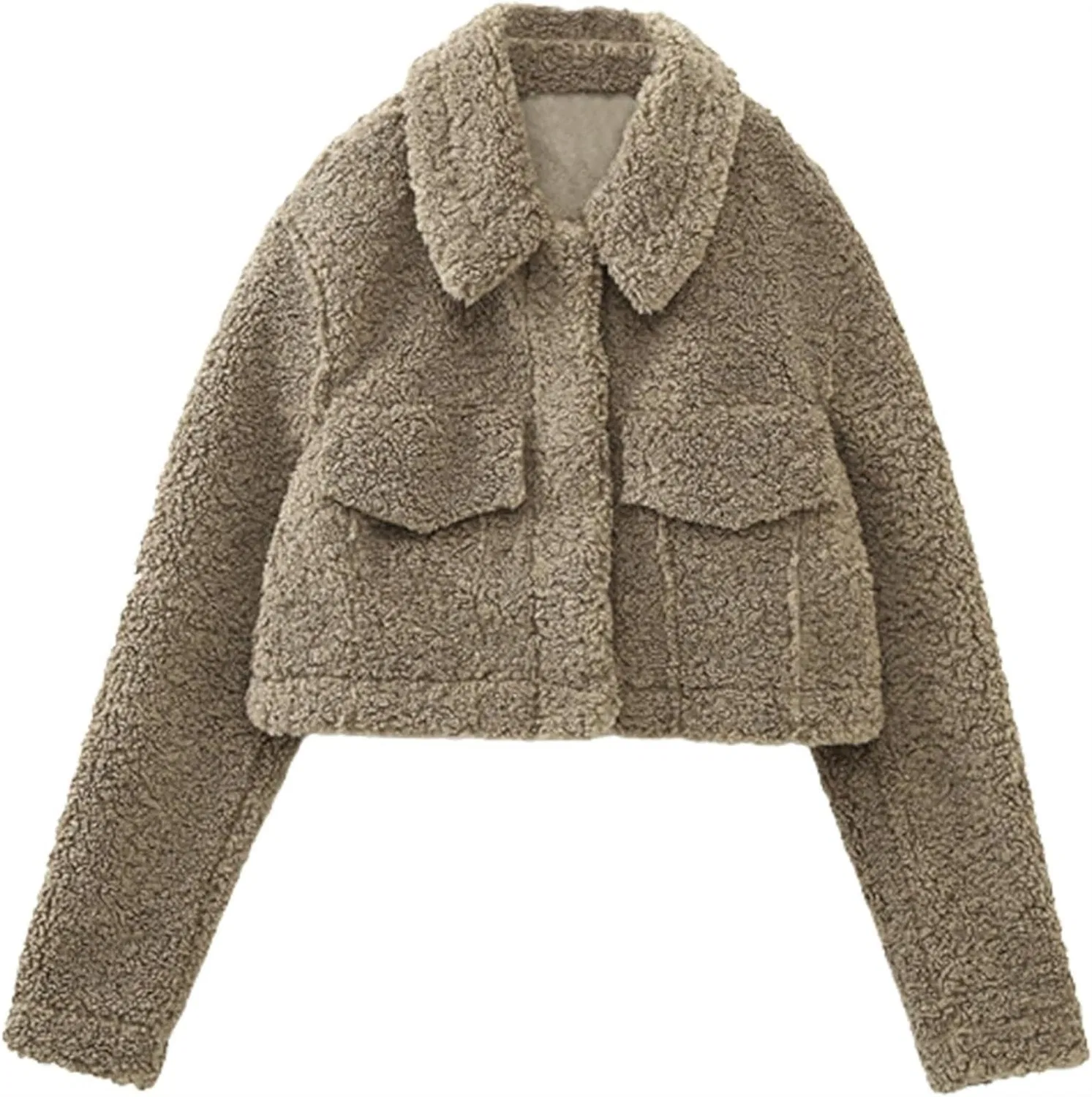 Женское зимнее пальто из флиса с длинным рукавом, модель Crop Top Fleece Winter Teddy Coats, Khaki
