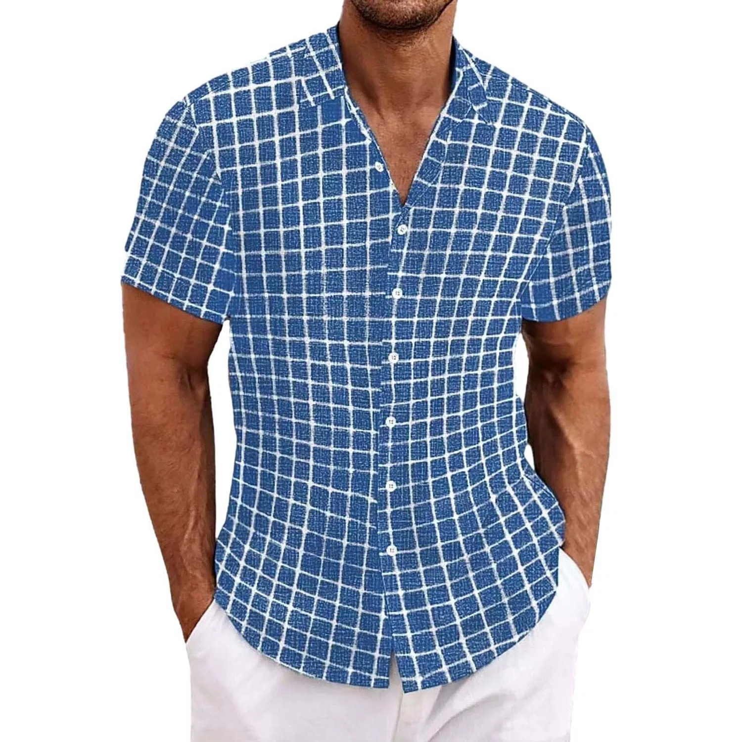 Мужская рубашка с коротким рукавом в клетку Slim Fit, Azure