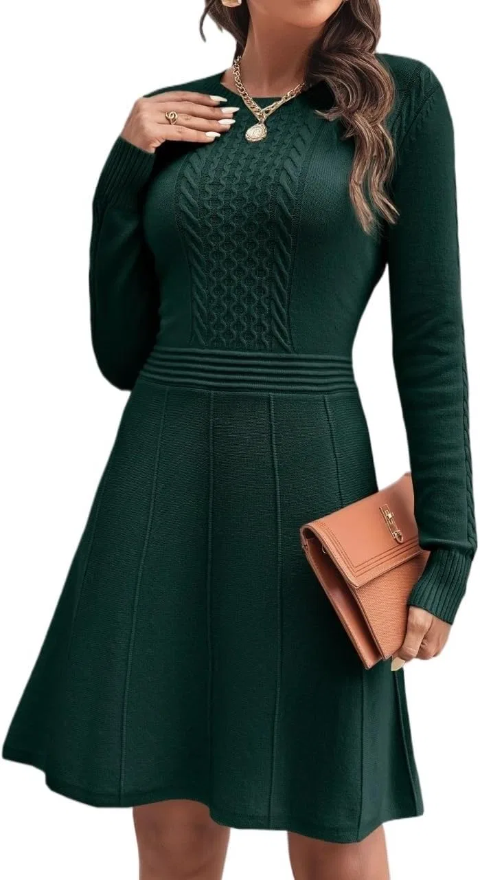 Женское короткое вязаное платье с длинным рукавом, Dark Green