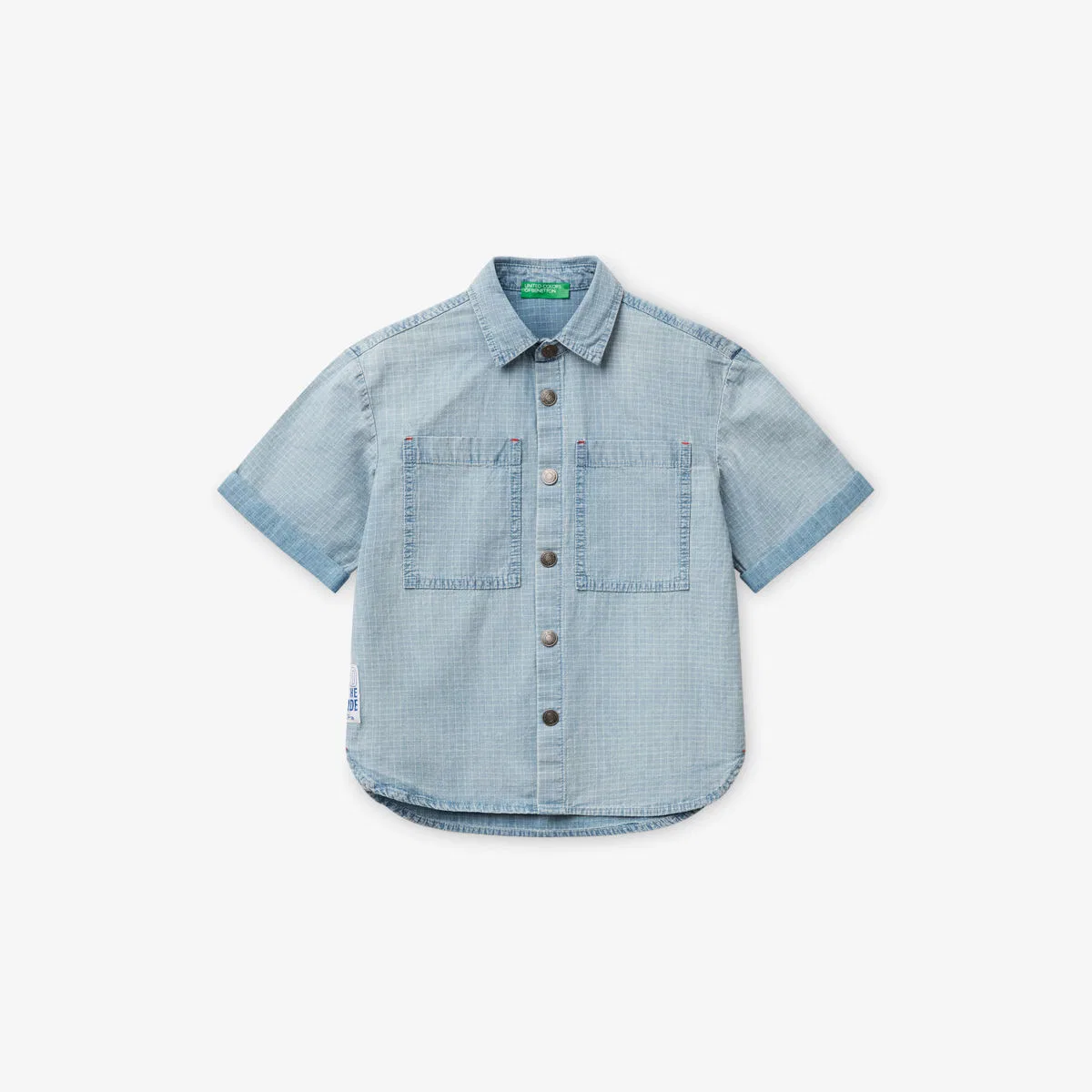 Рубашка из светлого денима шамбре, возраст 6-14 лет Benetton, небесно-голубой