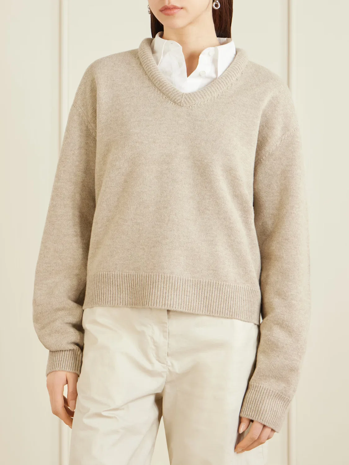 Шерстяной свитер с кожаной отделкой Acne Studios, бежевый — фото 3