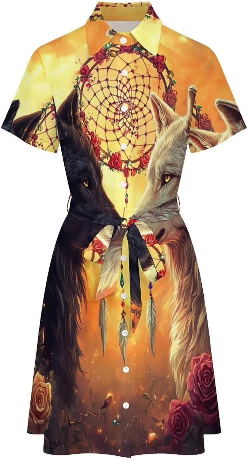 Женское платье-рубашка с принтом Black And Wolf Dream Catcher, чёрный — фото 3