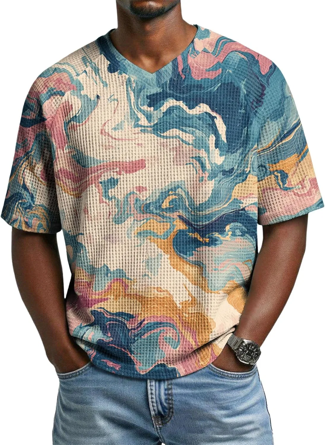 Мужская футболка с вафельной текстурой Summer Short Sleeve V Neck, Khaki — фото 2