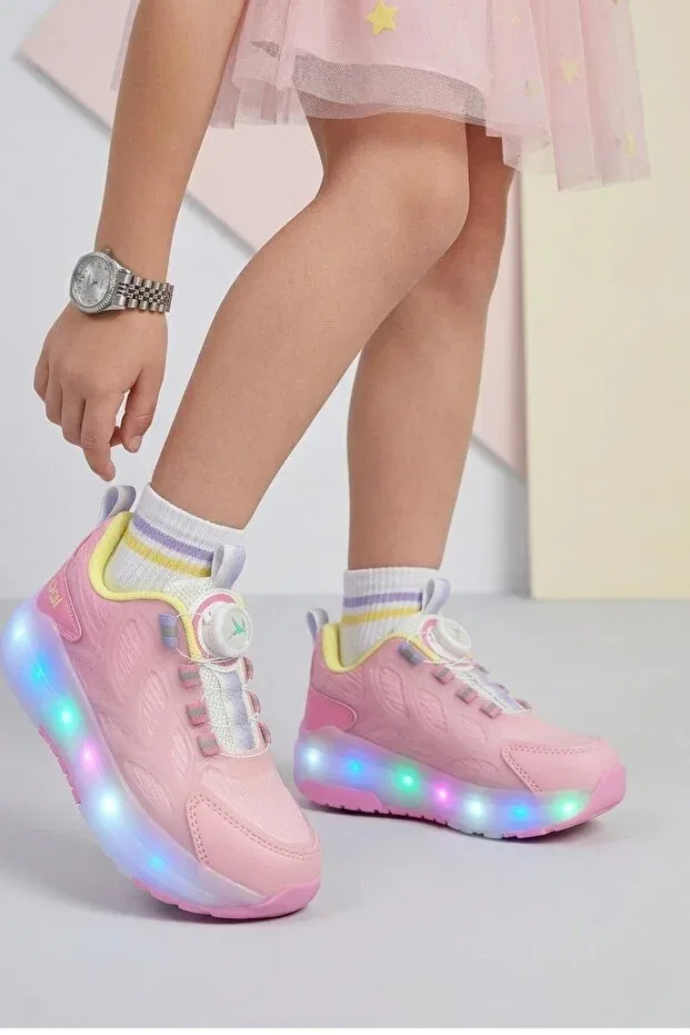 Детские спортивные кроссовки для девочек на шнуровке Wheel Smart Lighted Orthopedic Papuçsepeti, Powder — фото 3