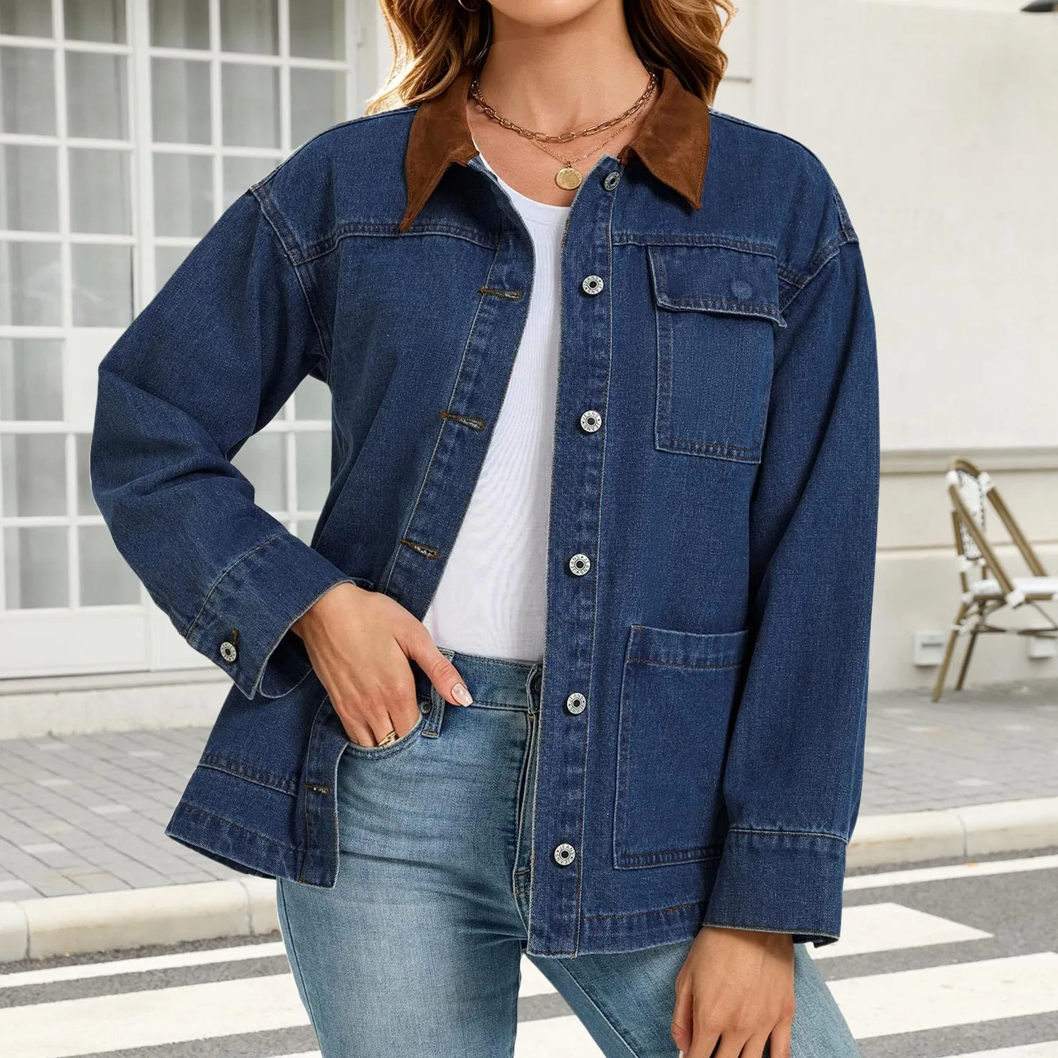 Женское джинсовое пальто oversize с контрастным воротником, осеннее, Blu — фото 3
