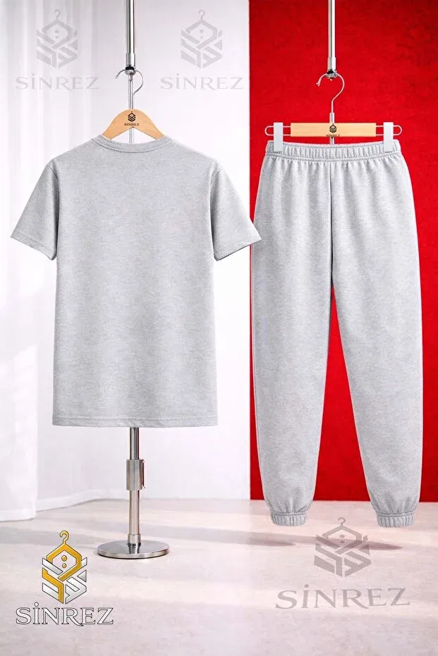 Детский комплект футболки и спортивных штанов с принтом динозавра Sinrez, Gray — фото 2