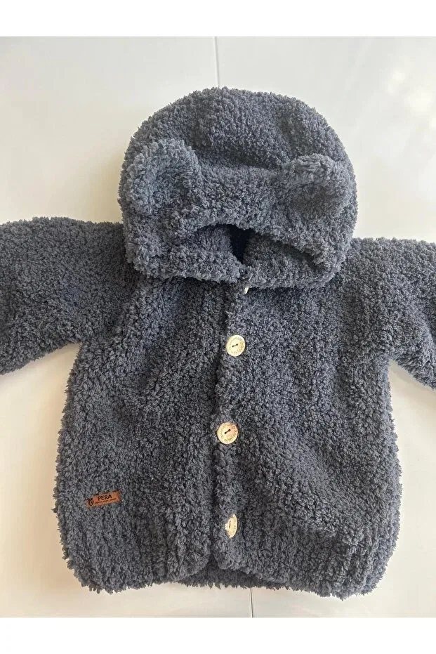 Детский кардиган оверсайз с капюшоном Hand Knitted Bear Coat Pera, Gri — фото 2