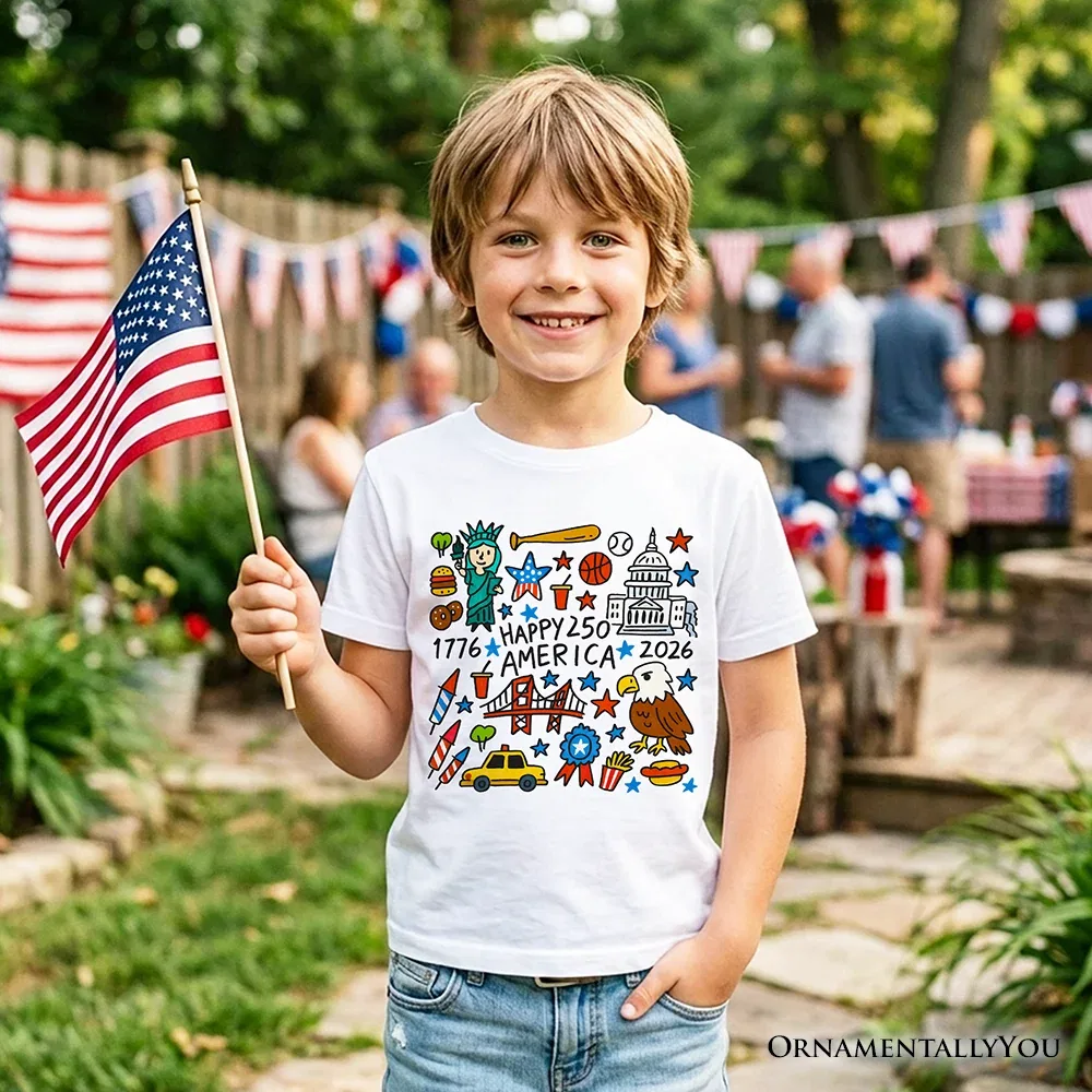 Детская футболка с принтом Happy 250 America Doodle OrnamentallyYou, White — фото 2