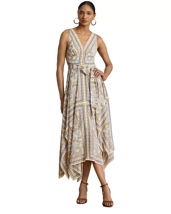 Женское платье с принтом Paisley Georgette Handkerchief Hem Dress Ralph Lauren, White Multi — фото 2