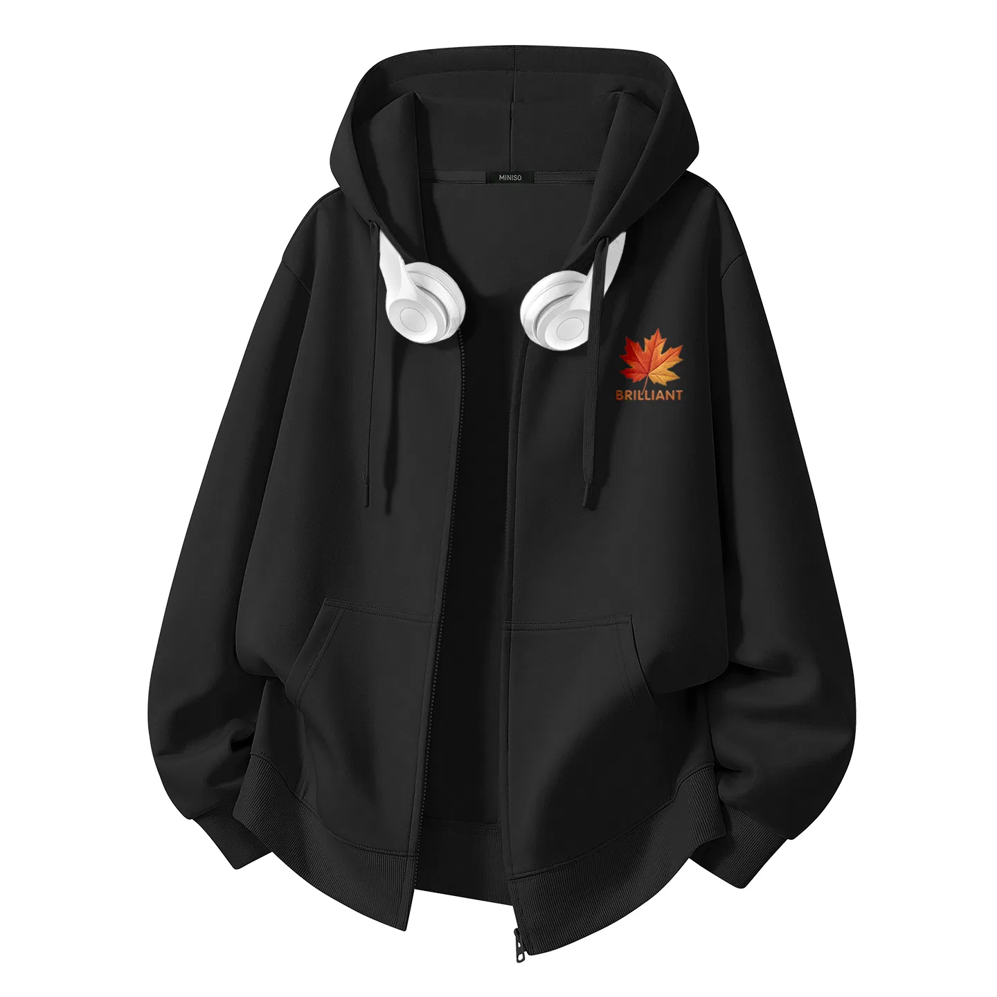 Детская куртка с капюшоном без половой принадлежности MINISO, Black (Maple Leaf Chest Logo)