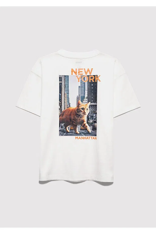 Детская футболка для мальчиков с принтом Kedi sırt printed ecru t-shirt oversized / wide cut 6610408-70057 Mavi, Ecru — фото 4