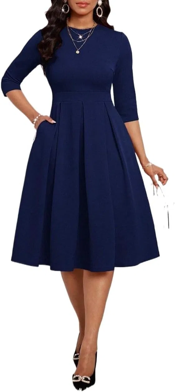 Женское элегантное платье A-силуэта миди, Navy Blue