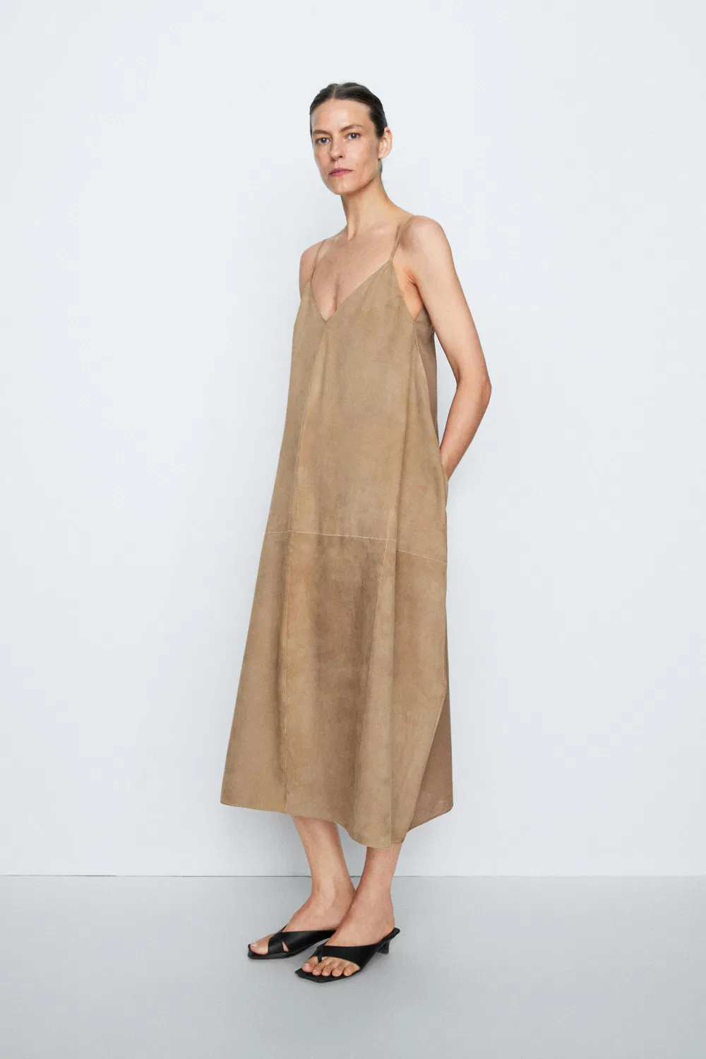 Платье Massimo Dutti, из замши и кожи, stone