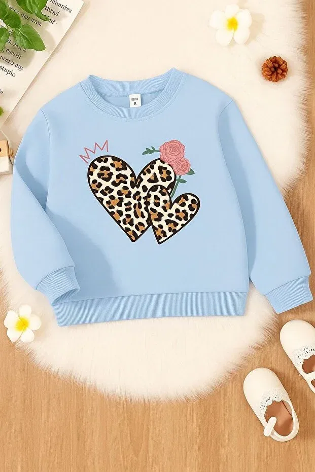 Детские свитшот для девочек с принтом 3 Yarn Combed Cotton Heart Leopard Printed Unisex Children's Sweat Benroma, Babe Blue
