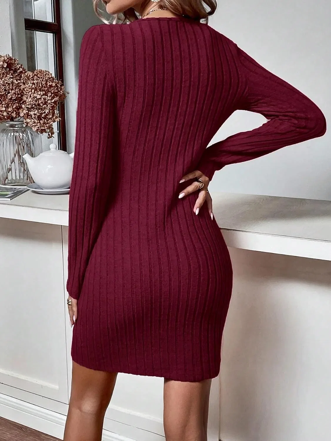 Женское облегающее платье с V-образным вырезом, Ribbed Knit, Burgundy — фото 3