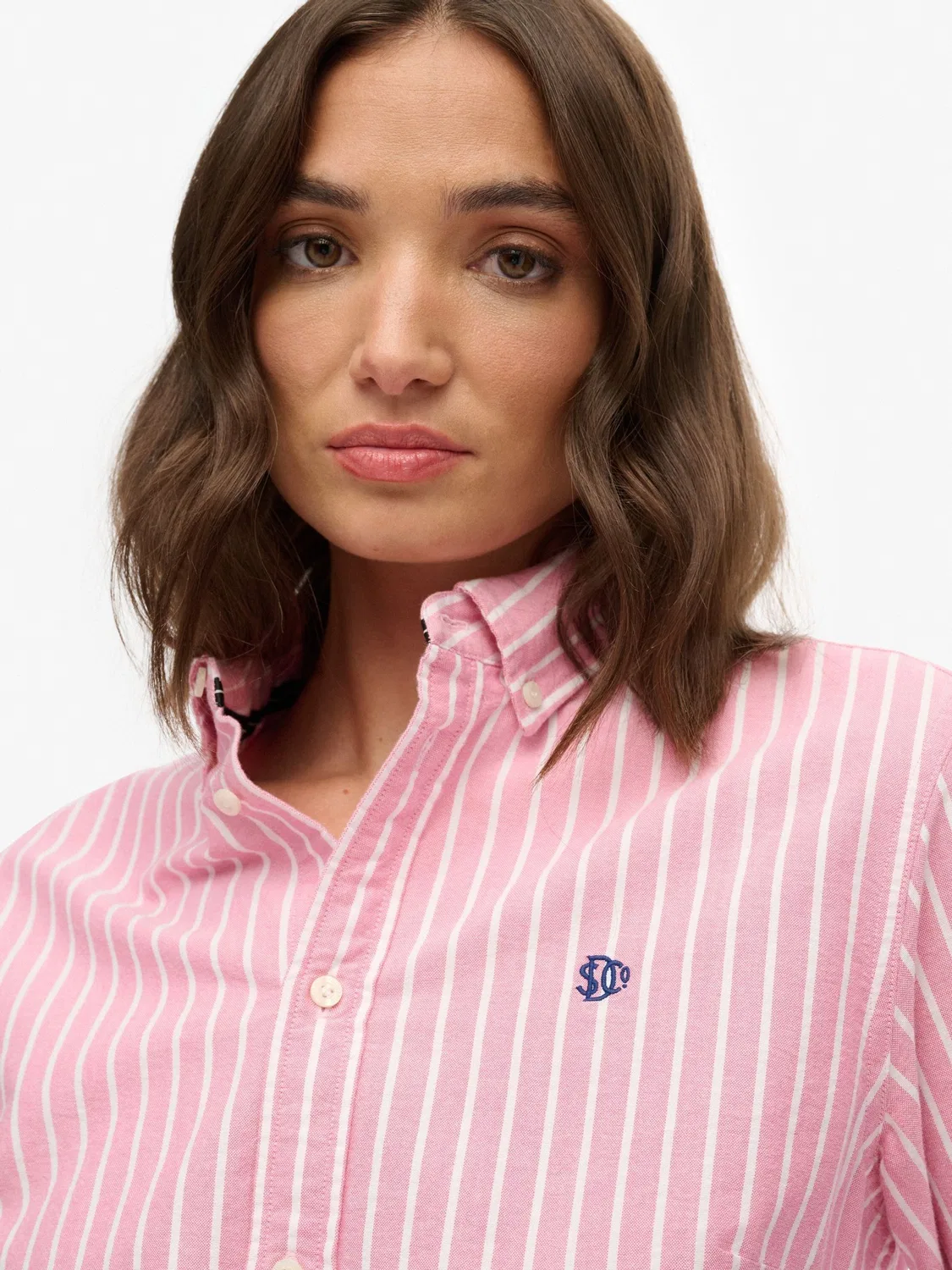 Рубашка оксфордская Slim Oxford Superdry, розово-белая полоска — фото 4