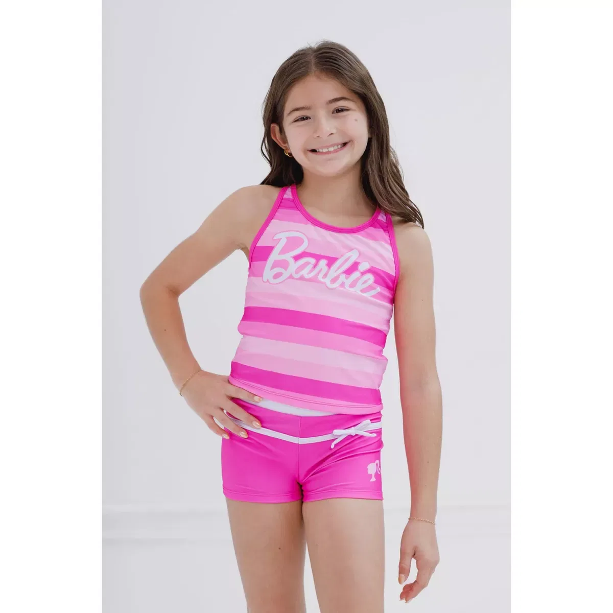 Детский танкини-комплект для девочек с принтом Barbie Racerback UPF 50+ Tankini Top and Swim Shorts Outfit Set Barbie, Pink — фото 2
