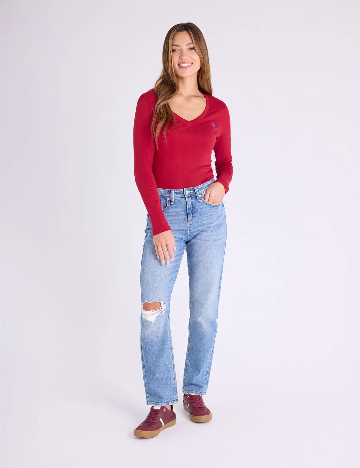 Женский лонгслив U.S. Polo Assn. V-Neck T-Shirt, насыщенный красный — фото 3
