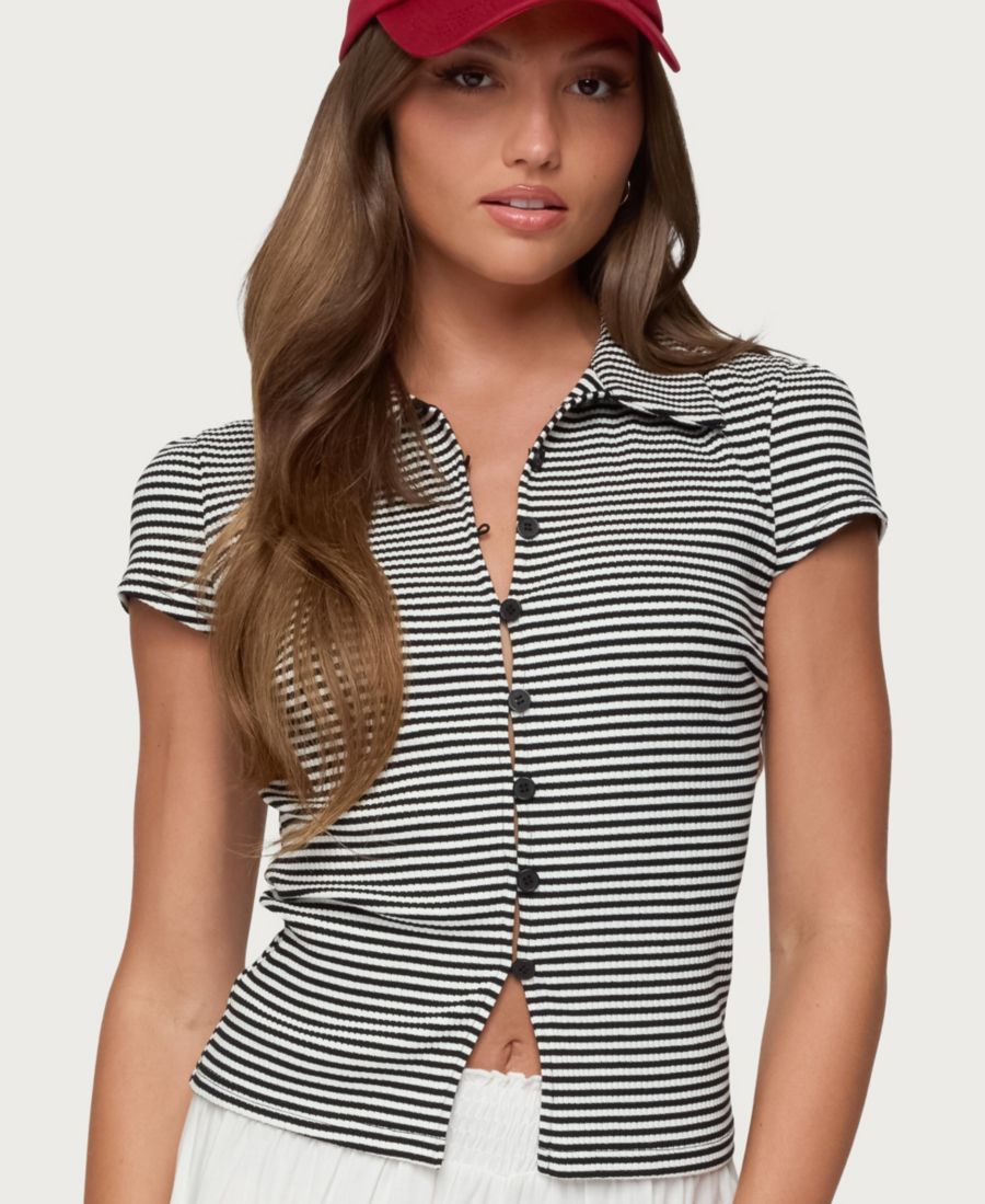 

Женская полосатая ребристая блузка на пуговицах Beau Edikted, Black-and-white