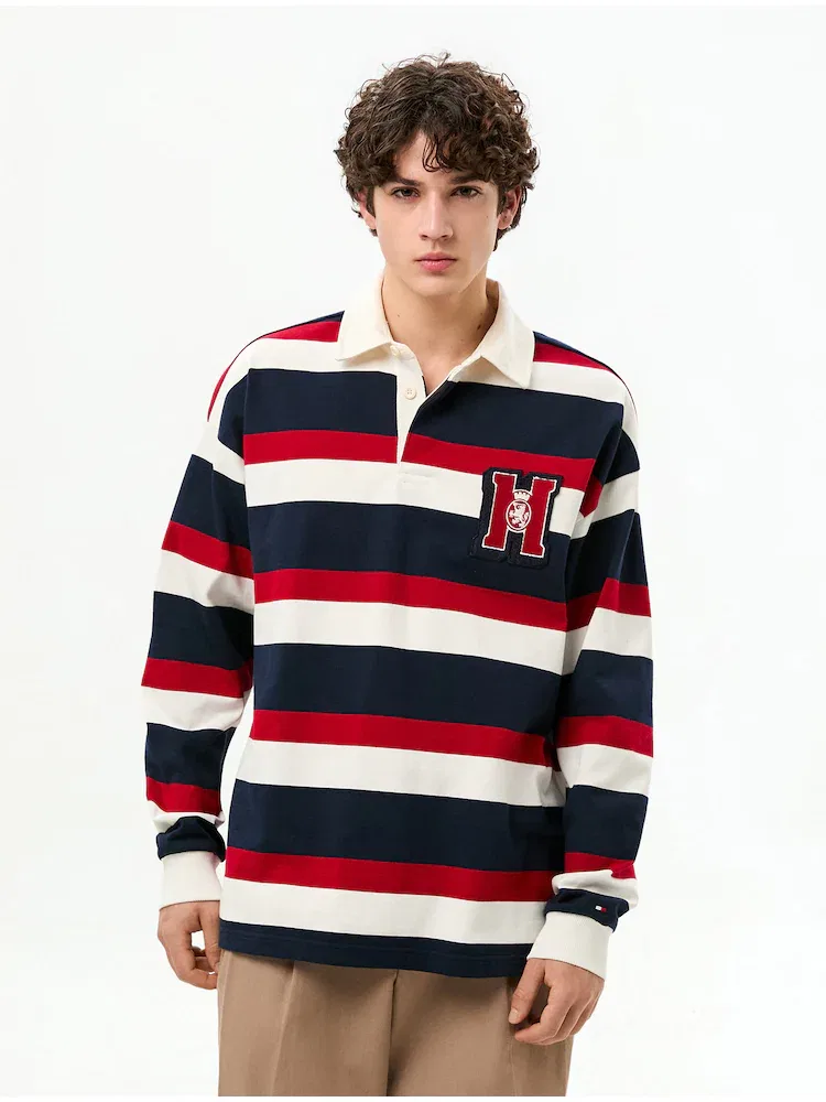 Футболка с длинным рукавом поло, полосатая, Crest Stripe Rugby TOMMY HILFIGER, Ivory