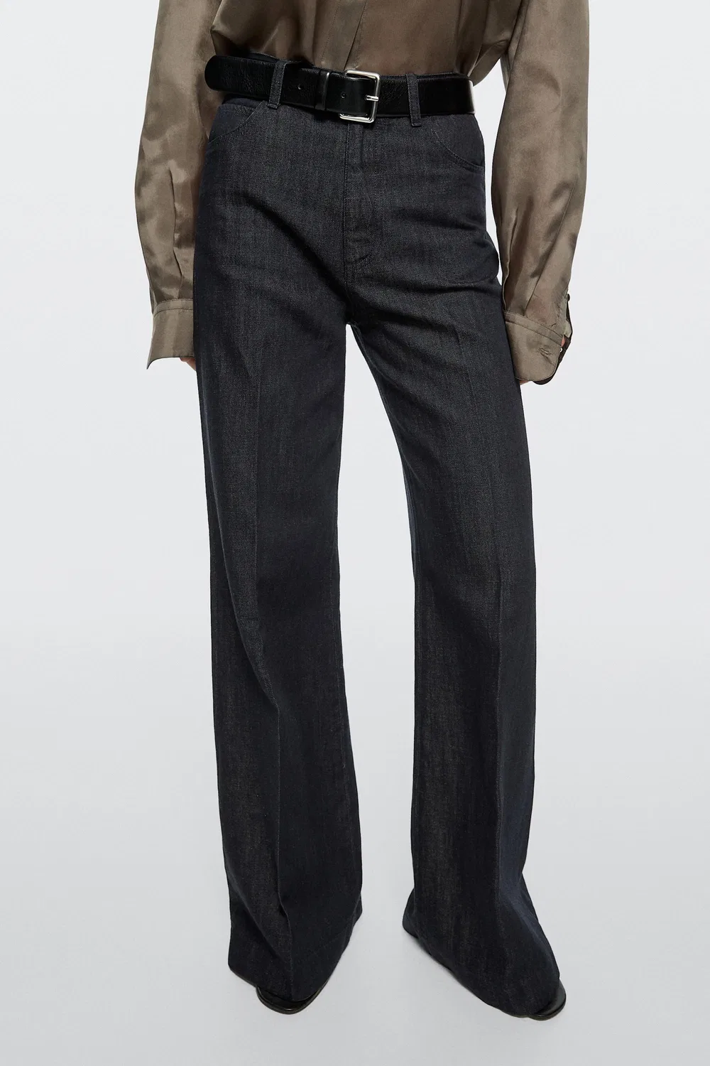 Брюки джинсовые Massimo Dutti, палаццо с высокой талией, темно-синий — фото 3