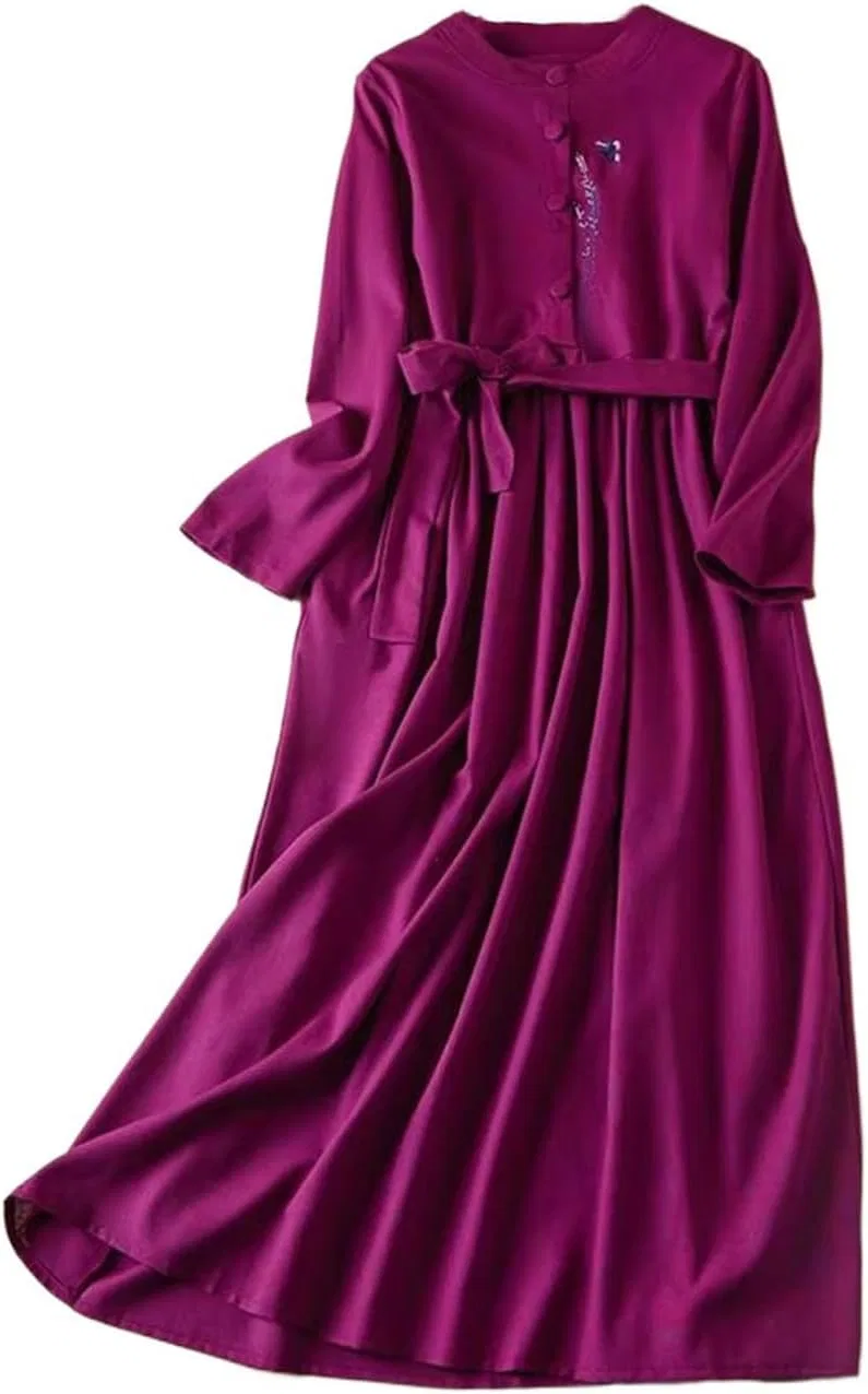 Женское платье миди с вышивкой свободного кроя, Purple
