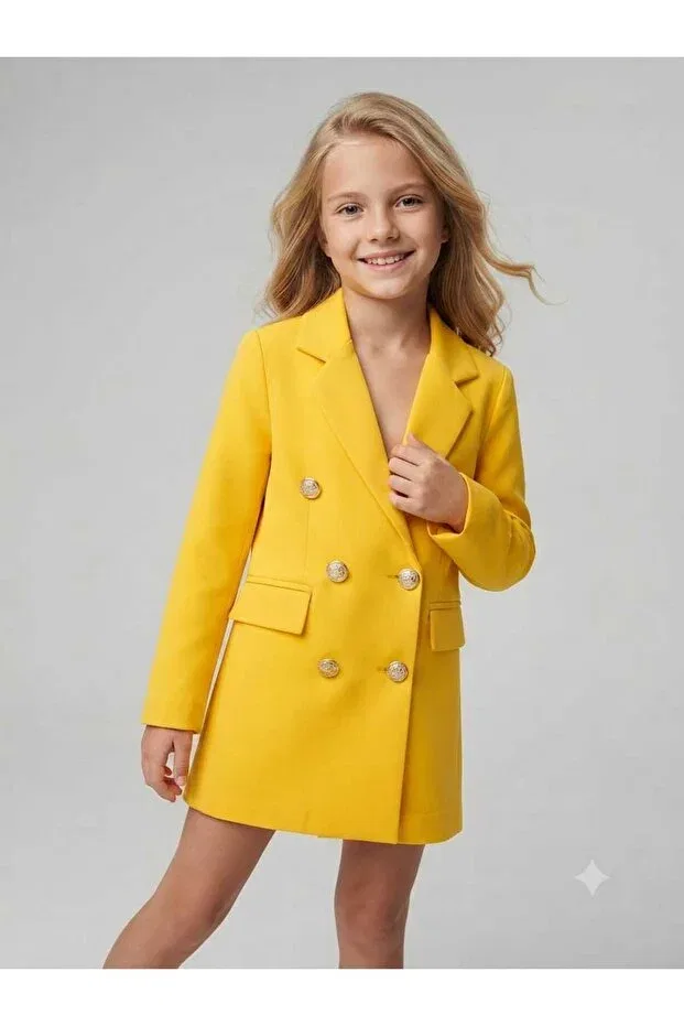 Детский блейзер для девочек с двубортным кроем Mother daughter gold buttoned blazer jacket Hilal Akıncı Kids, Hardal — фото 3