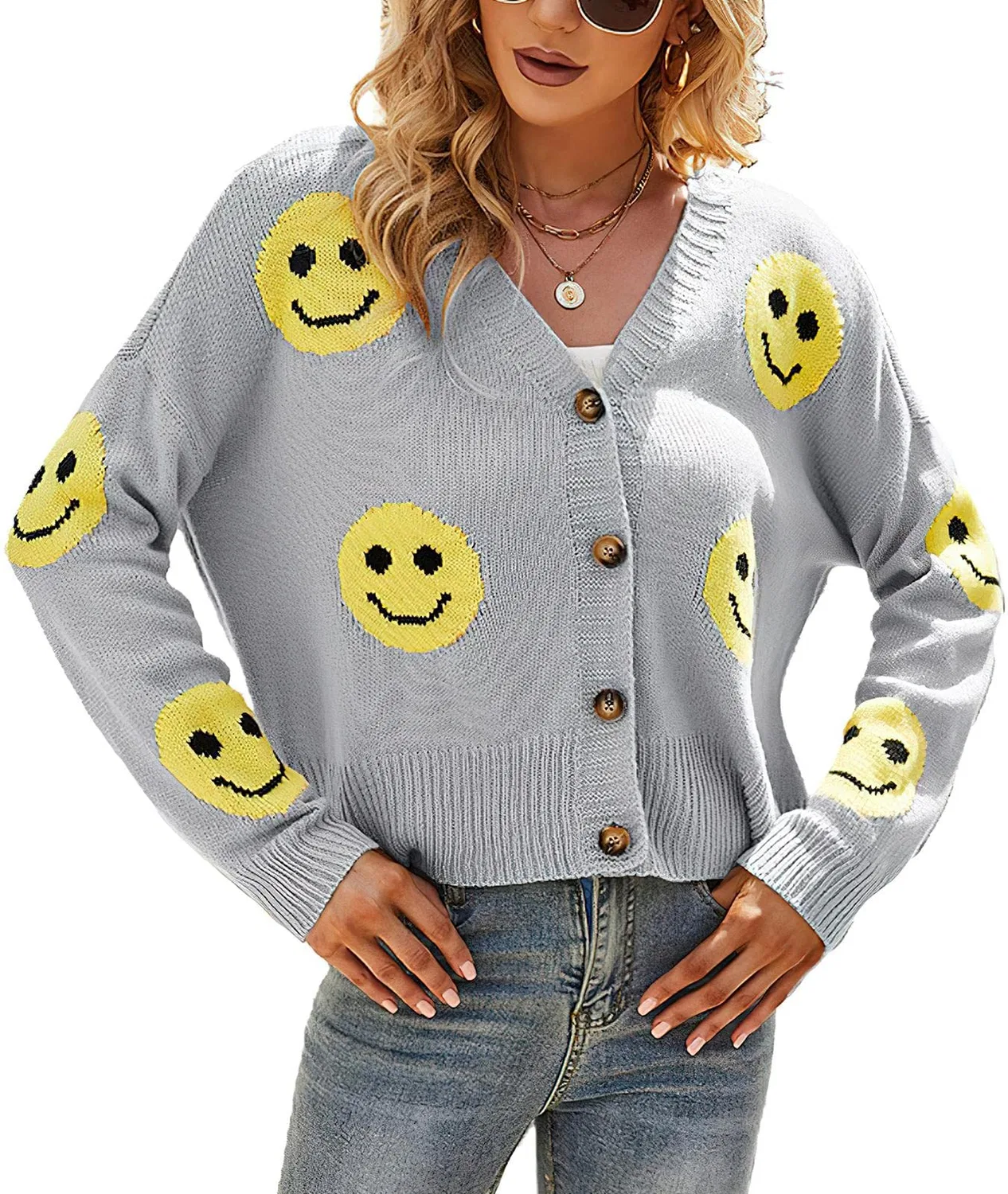 Женское вязаное пальто-кардиган с принтом Daisy Cute Cute Smiling Graphic, 01 Grigio