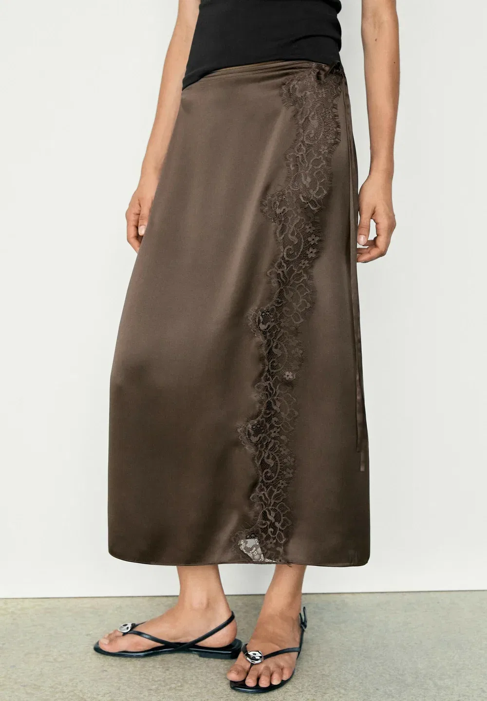 Парео-Юбка из 100% шелка с кружевной отделкой - юбка-обертка Massimo Dutti, Dark Brown