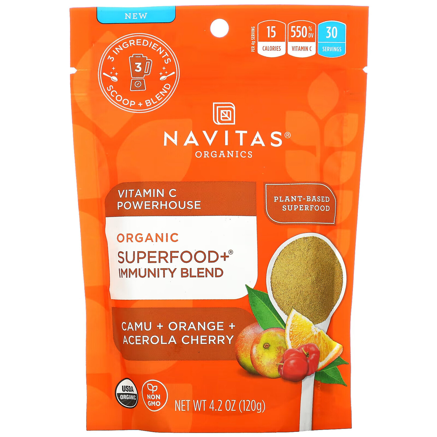 

Navitas Organics, Organic Superfood + Immunity Blend, витамин C Powerhouse, каму, апельсин и ацерола, 120 г (4,2 унции)
