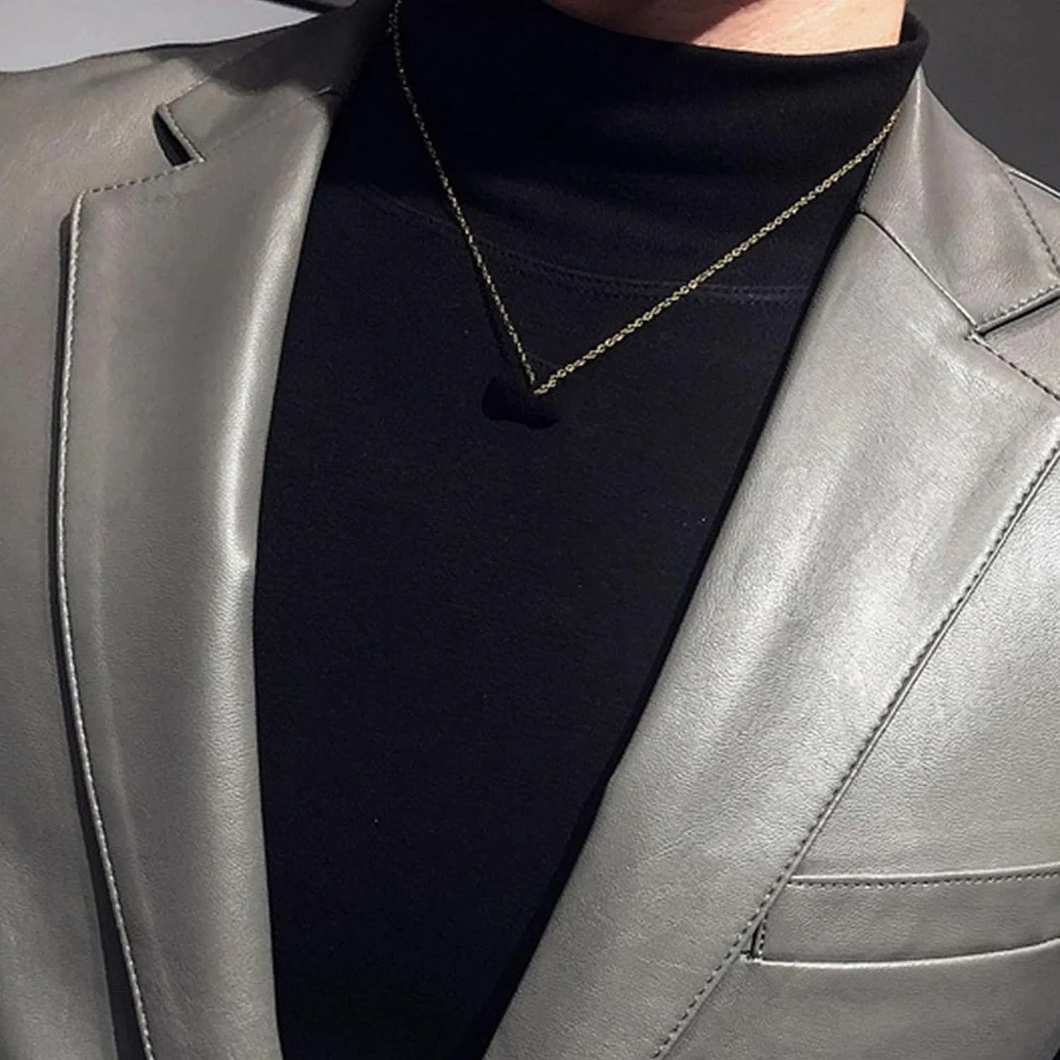Мужское кожаное пальто с лацканами, однобортное, slim fit, серый — фото 4