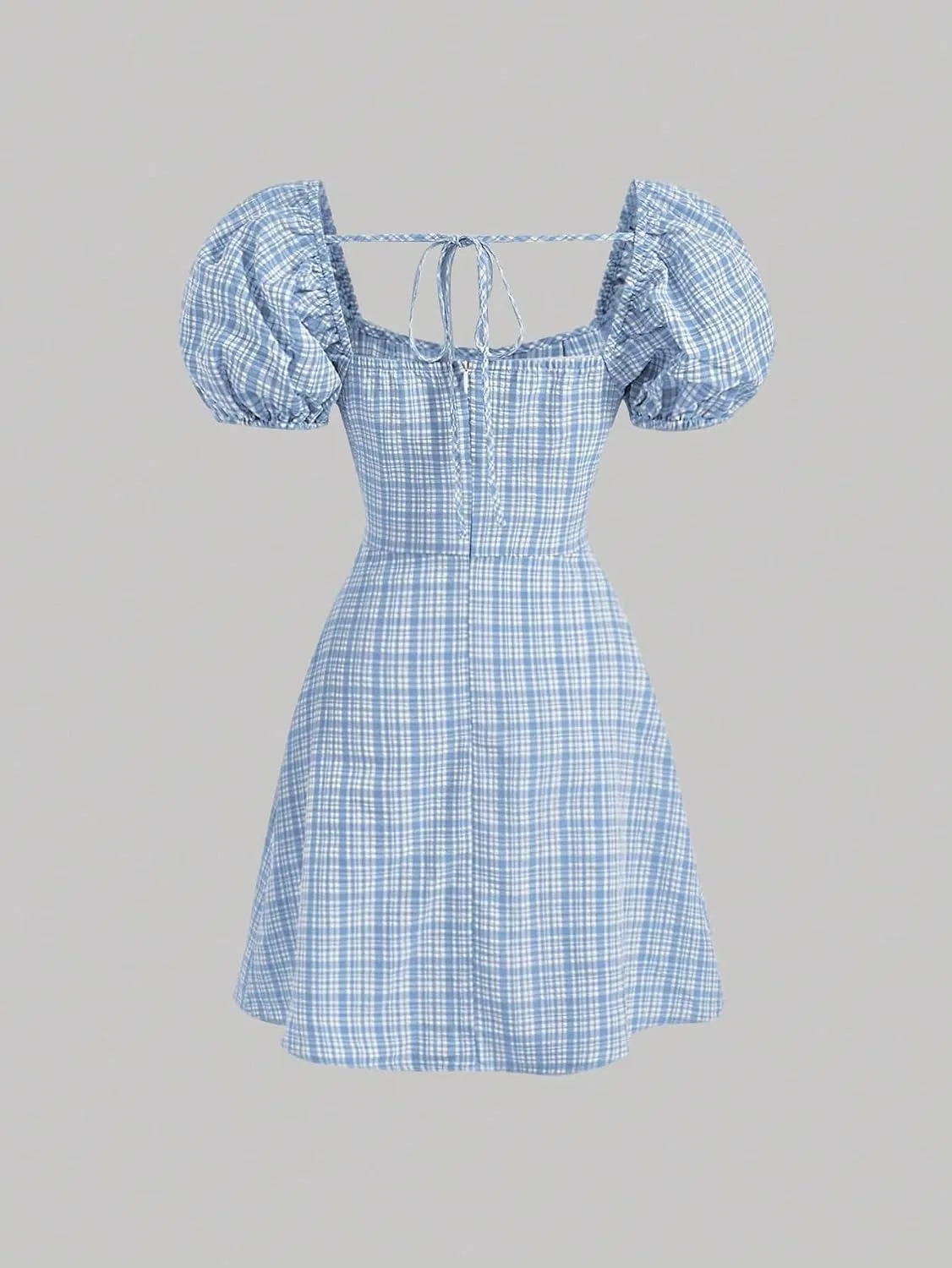 Женское повседневное платье A-силуэта с пышными рукавами, клетка, Blue and White — фото 3