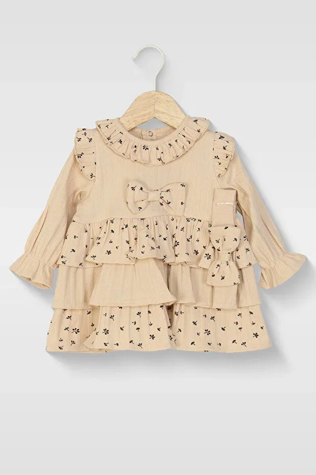 Детское платье для девочек с принтом Layered Floral Branch Patterned Bandana Mini Cotton, Beige — фото 2