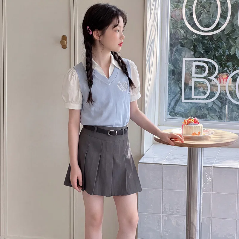 Детский комплект для девочек с принтом, Preppy Style Pleated Skirt Set, YALU — фото 3