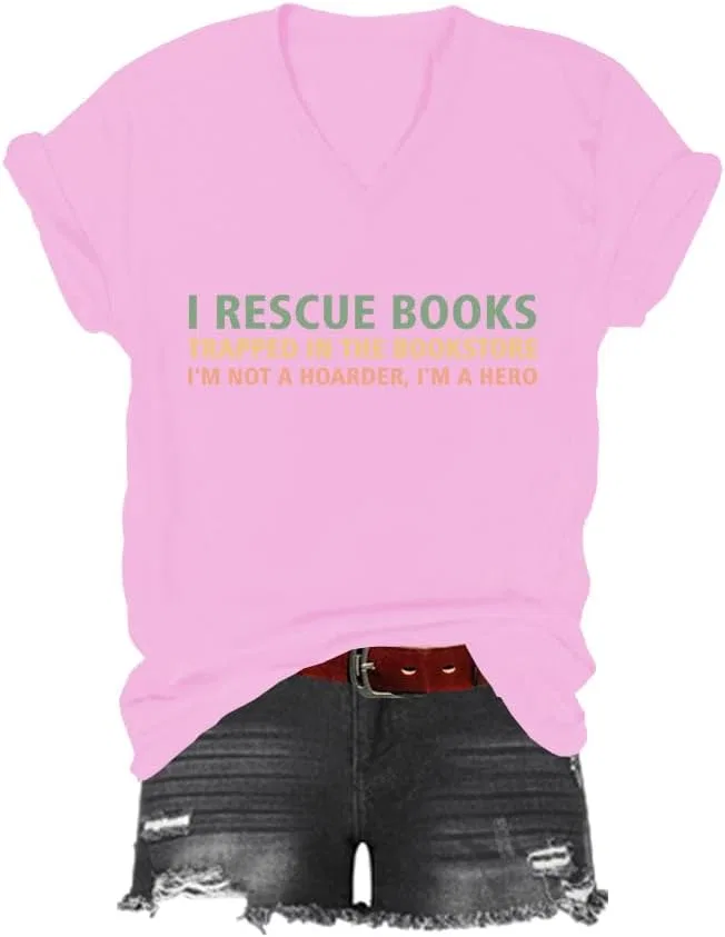 Футболка с V-образным вырезом с принтом I Rescue Books, Pink