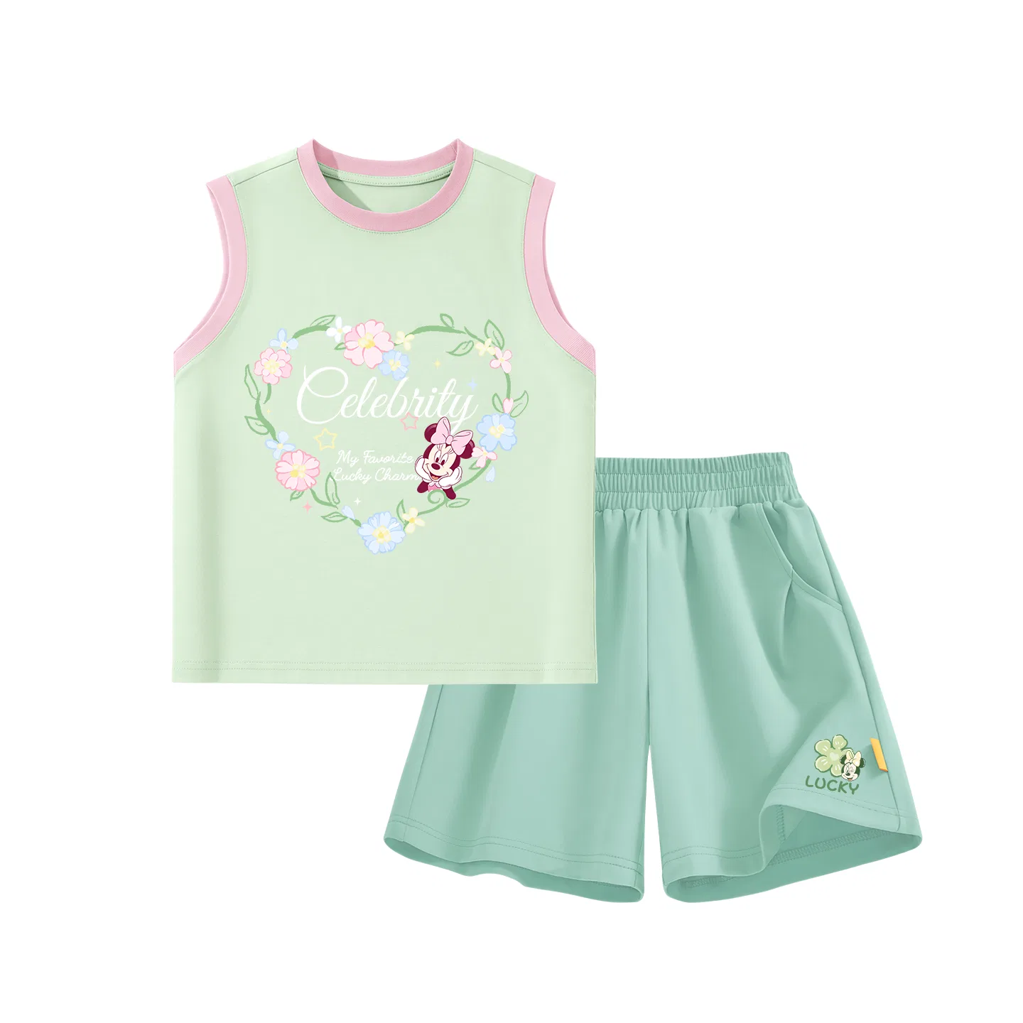 Детский спортивный костюм с круглым вырезом, Disney, Di Flower Blue K Pink Green+Di Lucky Clover K_Bottom Right Sweet Pear Green