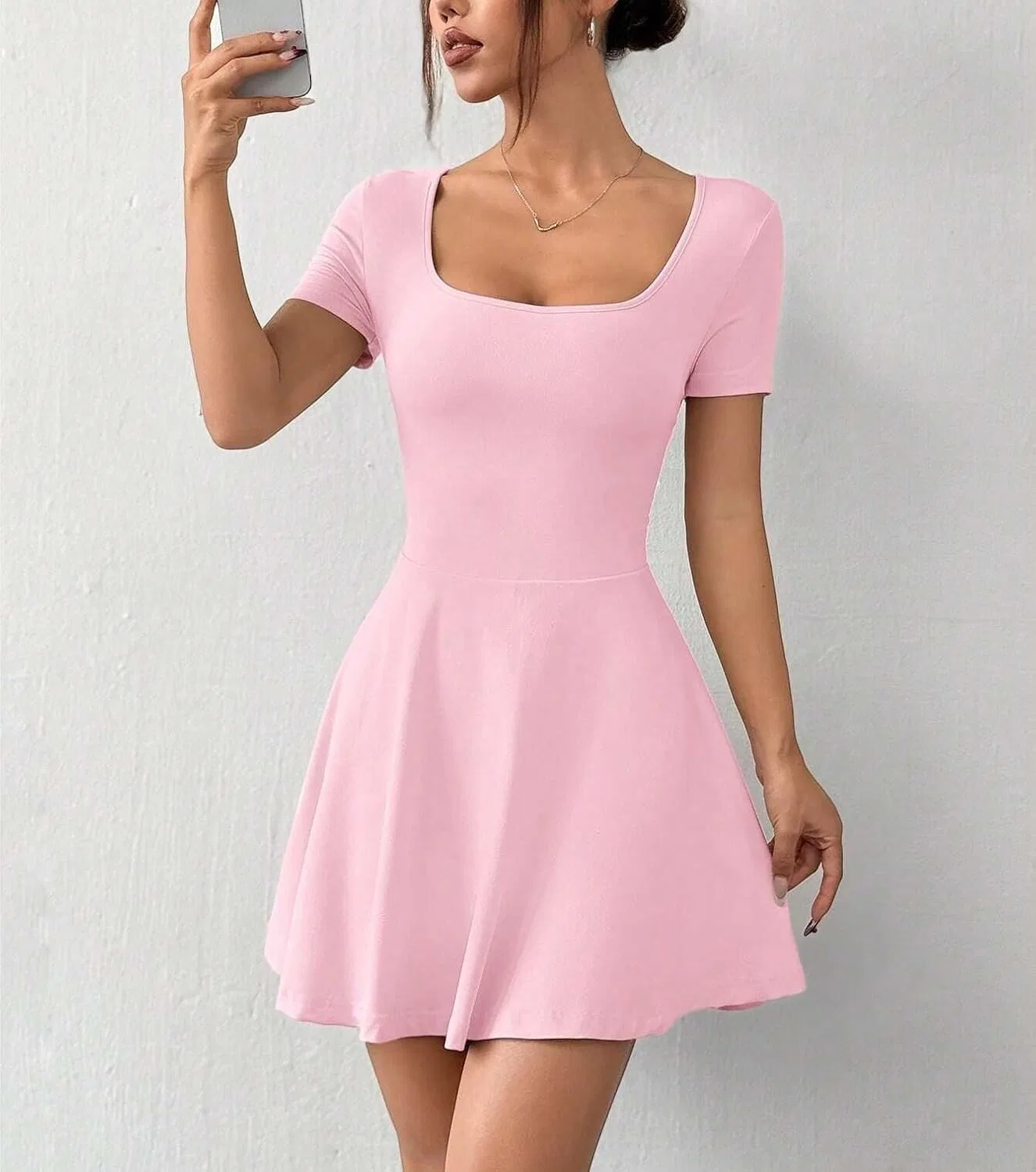 Женское повседневное платье мини A-силуэта с рюшами, Pink — фото 4