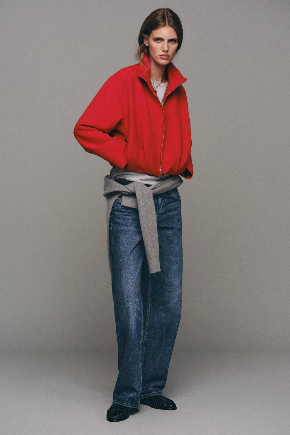 Бомбер с высоким воротником ZARA, Red