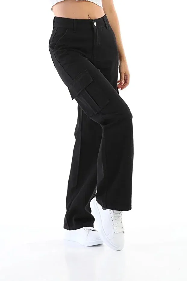 Детские брюки для девочек широкие с карго-карманами Pantulux, Black