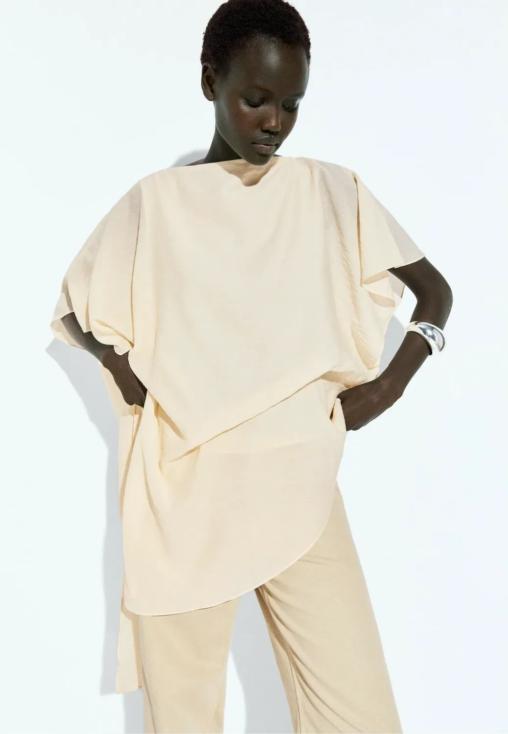Асимметричная струящаяся блузка-туника в стиле накидки Massimo Dutti, White