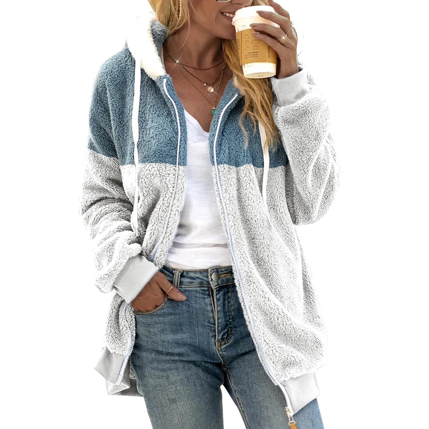 Женское утепленное пальто с капюшоном и мехом, модель Full Zip Fleece Jacket Plus Size, bianco — фото 3